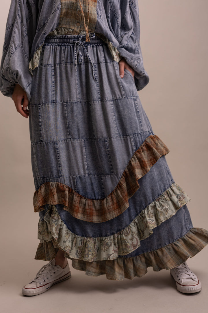 Bluevelvet Patchwork Asymmetrical Ruffle Hem  Skirt