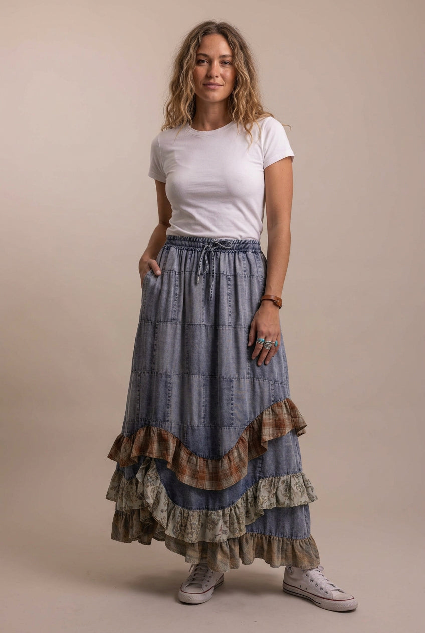 Bluevelvet Patchwork Asymmetrical Ruffle Hem  Skirt-Katze Boutique