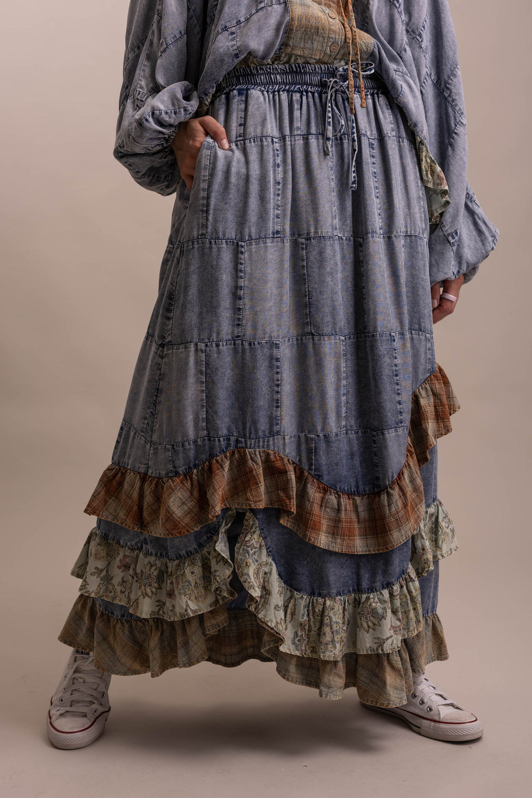 Bluevelvet Patchwork Asymmetrical Ruffle Hem  Skirt