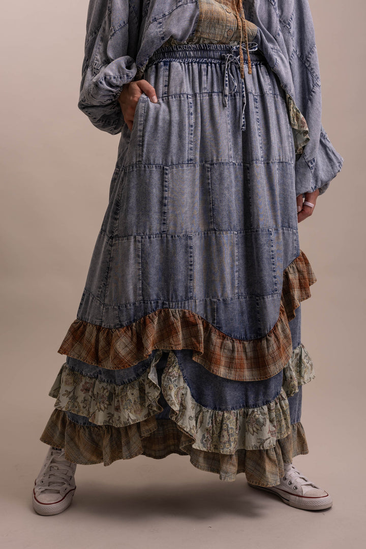 Bluevelvet Patchwork Asymmetrical Ruffle Hem  Skirt