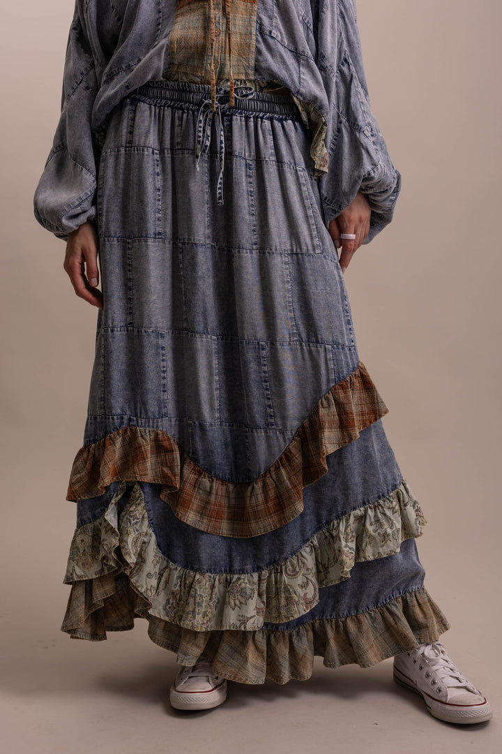 Bluevelvet Patchwork Asymmetrical Ruffle Hem  Skirt