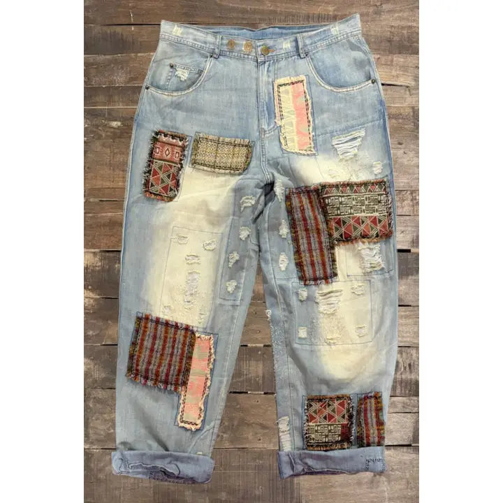 Jaded Gypsy Peace and Love Jeans Patched-Katze Boutique
