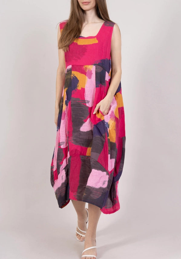 Abstract Artistic Print Linen Dress-Katze Boutique