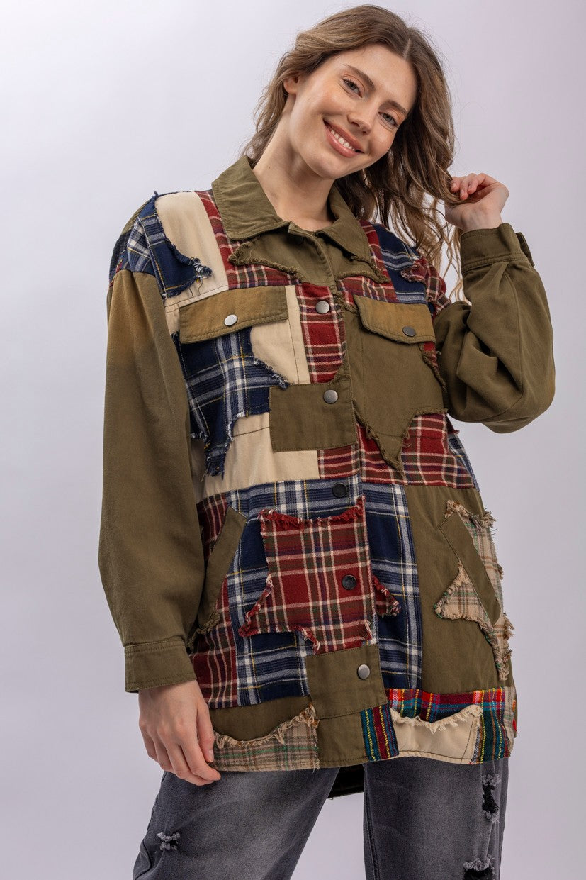 Blue Velvet Plaid Patched Button Down Jacket | Katze Boutique
