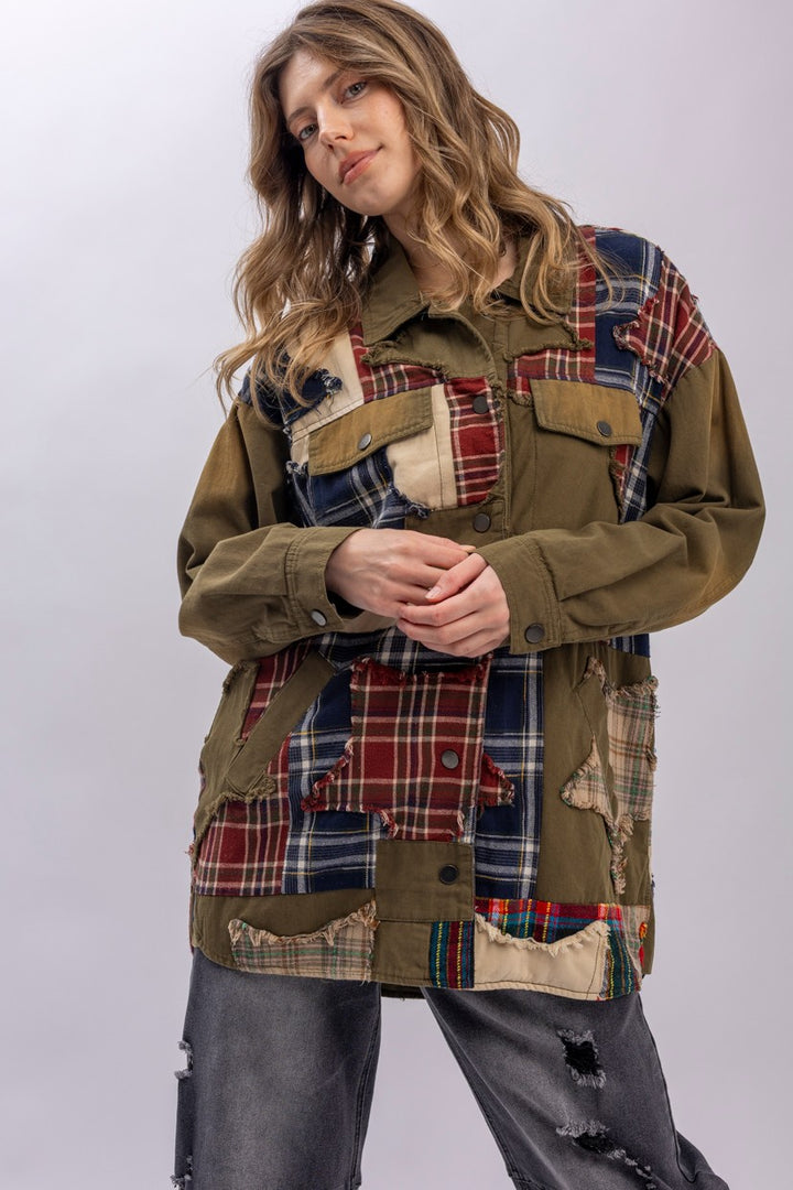 Blue Velvet Plaid Patched Button Down Jacket | Katze Boutique