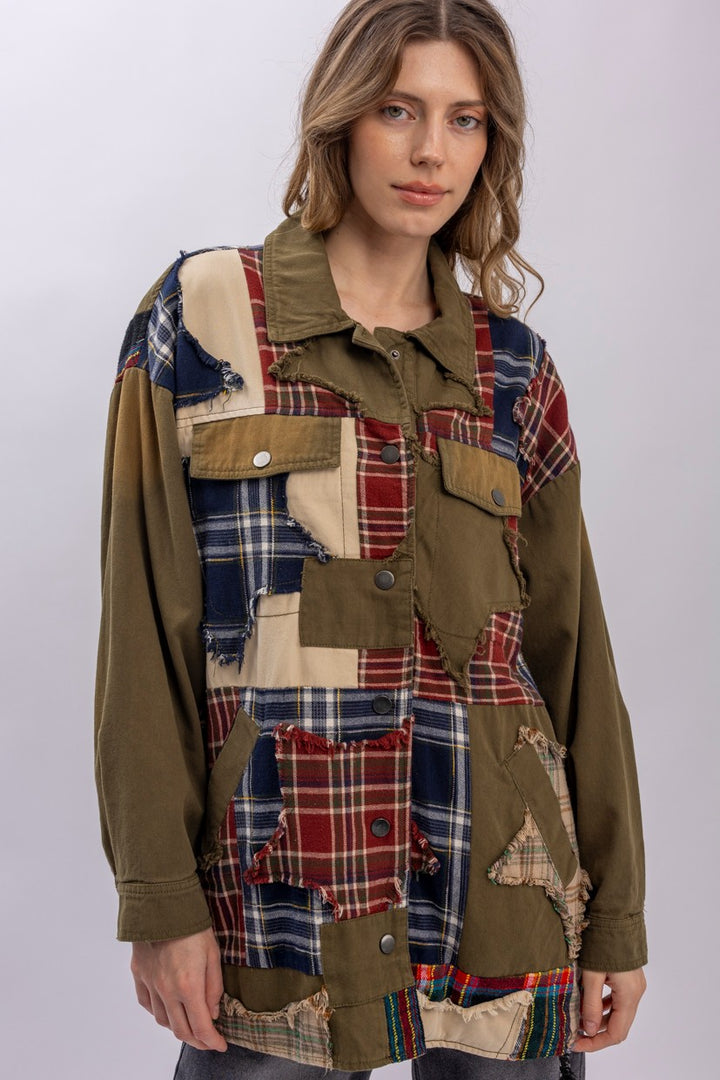 Blue Velvet Plaid Patched Button Down Jacket | Katze Boutique