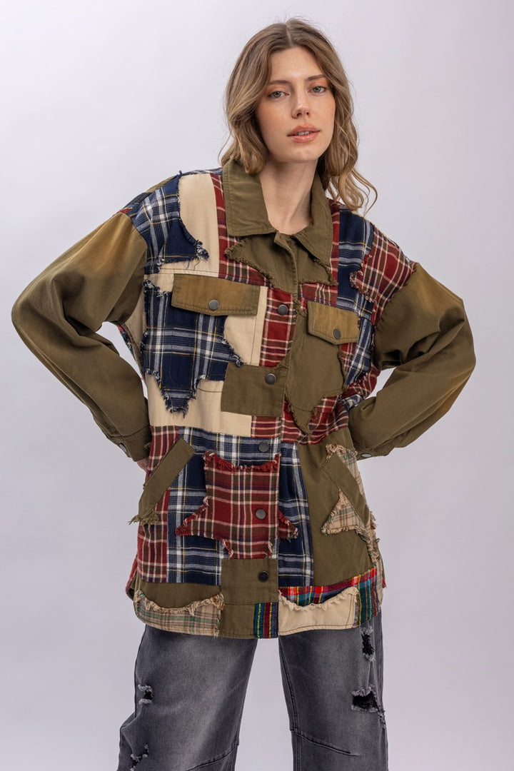 Blue Velvet Plaid Patched Button Down Jacket | Katze Boutique