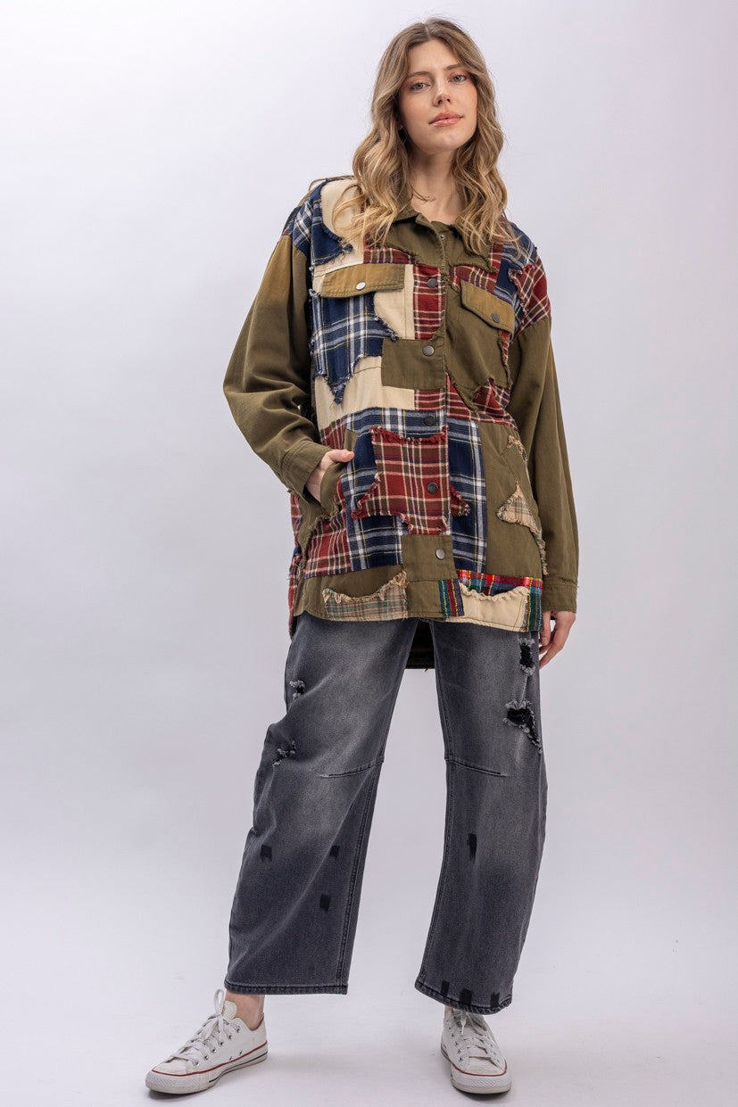 Blue Velvet Plaid Patched Button Down Jacket | Katze Boutique