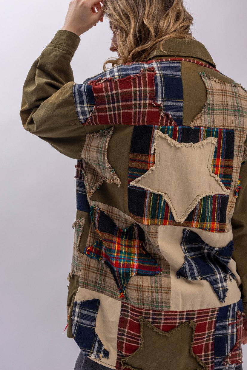 Blue Velvet Plaid Patched Button Down Jacket | Katze Boutique