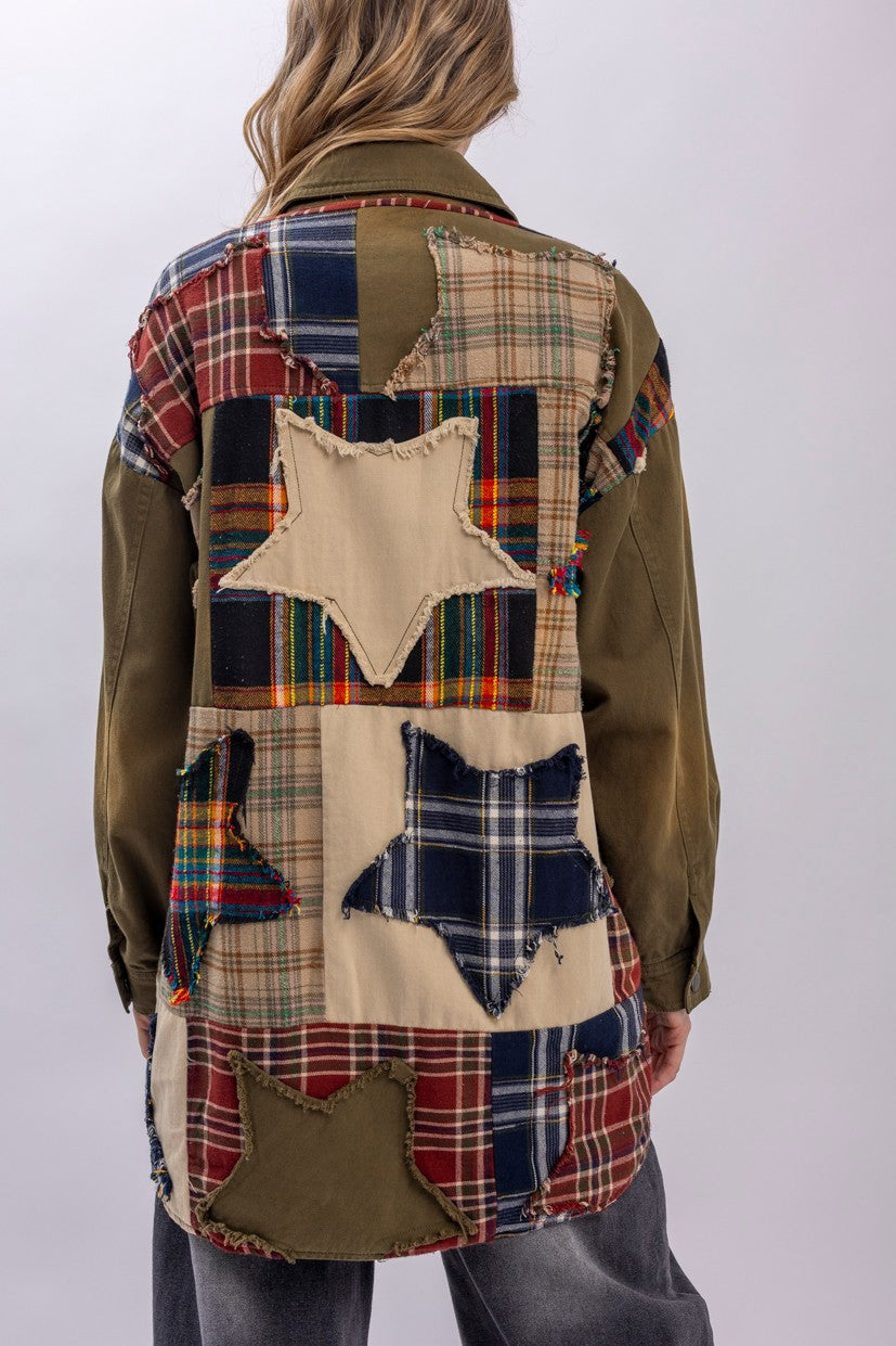 Blue Velvet Plaid Patched Button Down Jacket | Katze Boutique