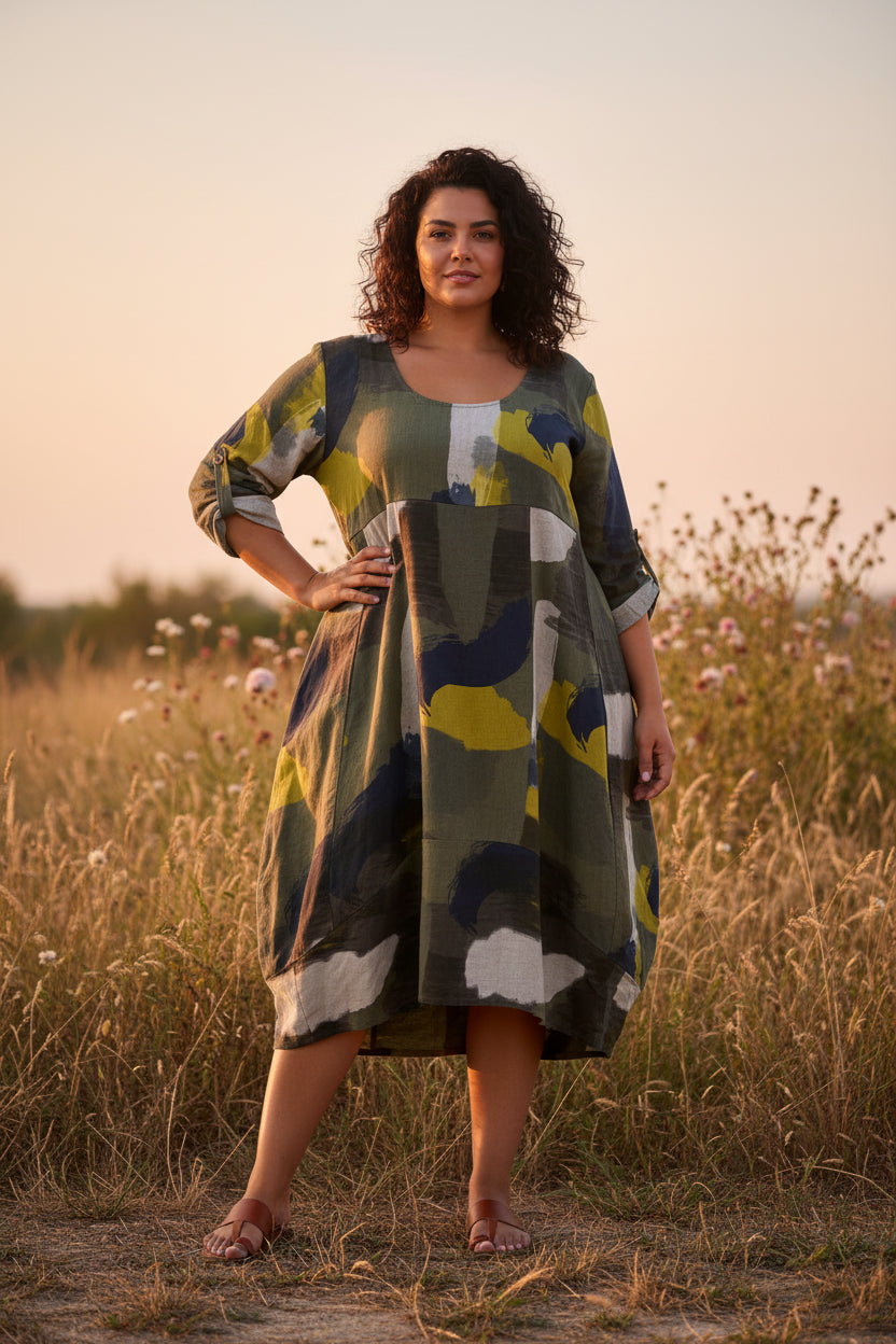 Colette 100% Linen Plus Size Midi Dress – 3/4 Sleeve, Abstract Print, Italy