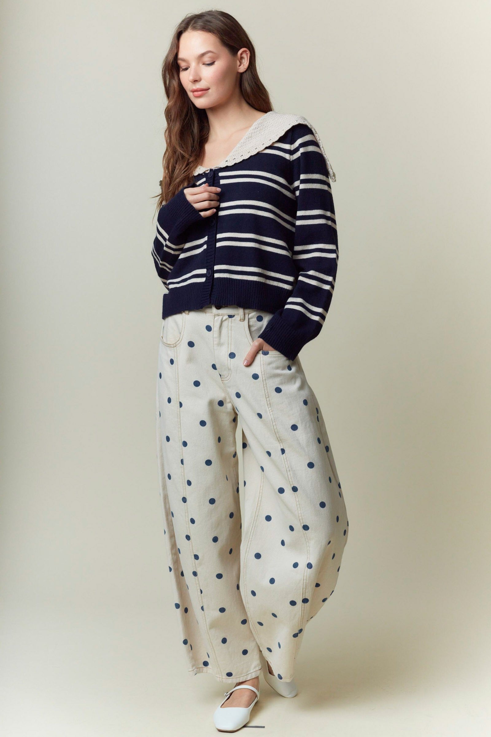 Polka Dot Print Wide Denim Pants-Katze Boutique