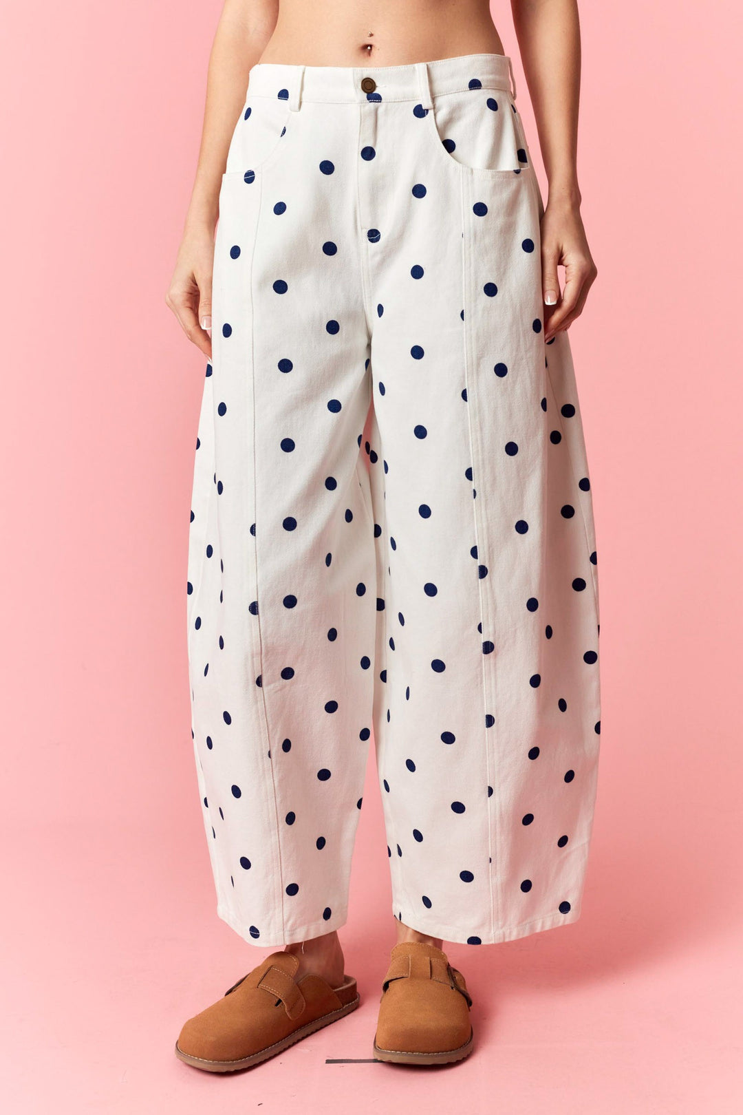 Polka Dot Print Wide Denim Pants-Katze Boutique