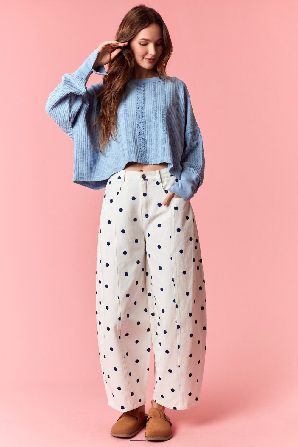 Polka Dot Print Wide Denim Pants-Katze Boutique