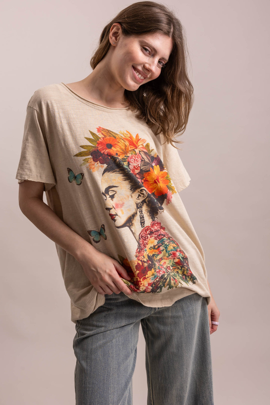 BlueVelvet Floral Portrait Graphic Short Sleeve T Shirt-Katze Boutique