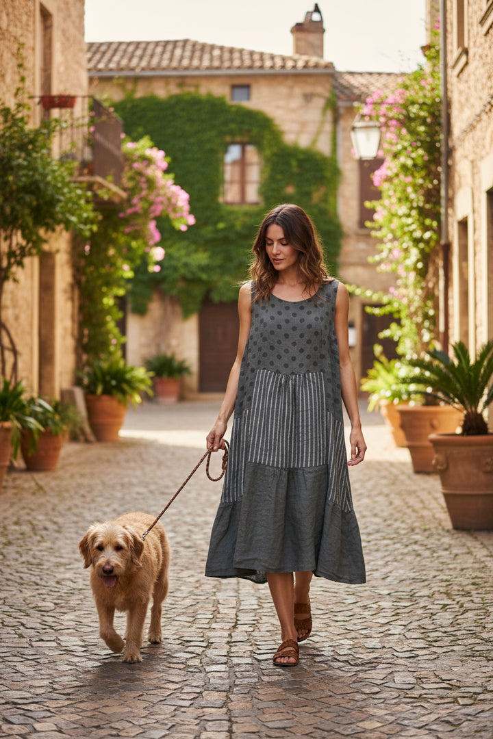 Made In Italy Printed Linen Sleeveless Dress