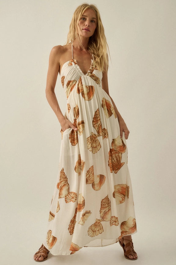  Promesa Seashell-Print Crepe Tie-Back Halter Dress|Katze Boutique