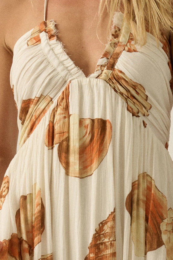  Promesa Seashell-Print Crepe Tie-Back Halter Dress|Katze Boutique