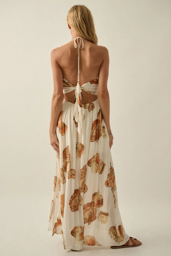  Promesa Seashell-Print Crepe Tie-Back Halter Dress|Katze Boutique
