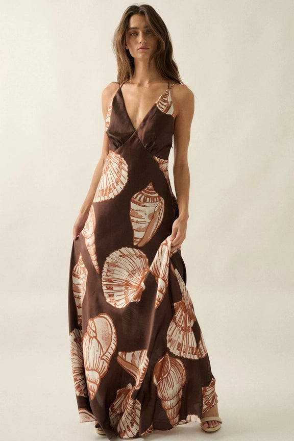 Promesa Seashell-Print Satin Halter V-Neck Maxi Dress
