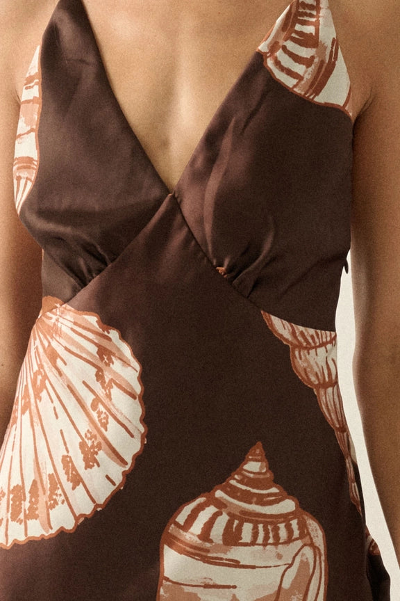 Promesa Seashell-Print Satin Halter V-Neck Maxi Dress