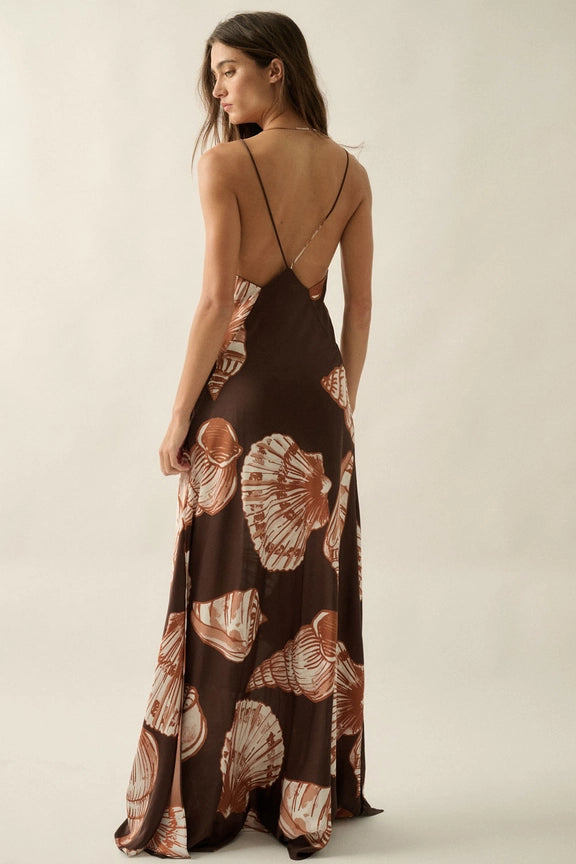 Promesa Seashell-Print Satin Halter V-Neck Maxi Dress