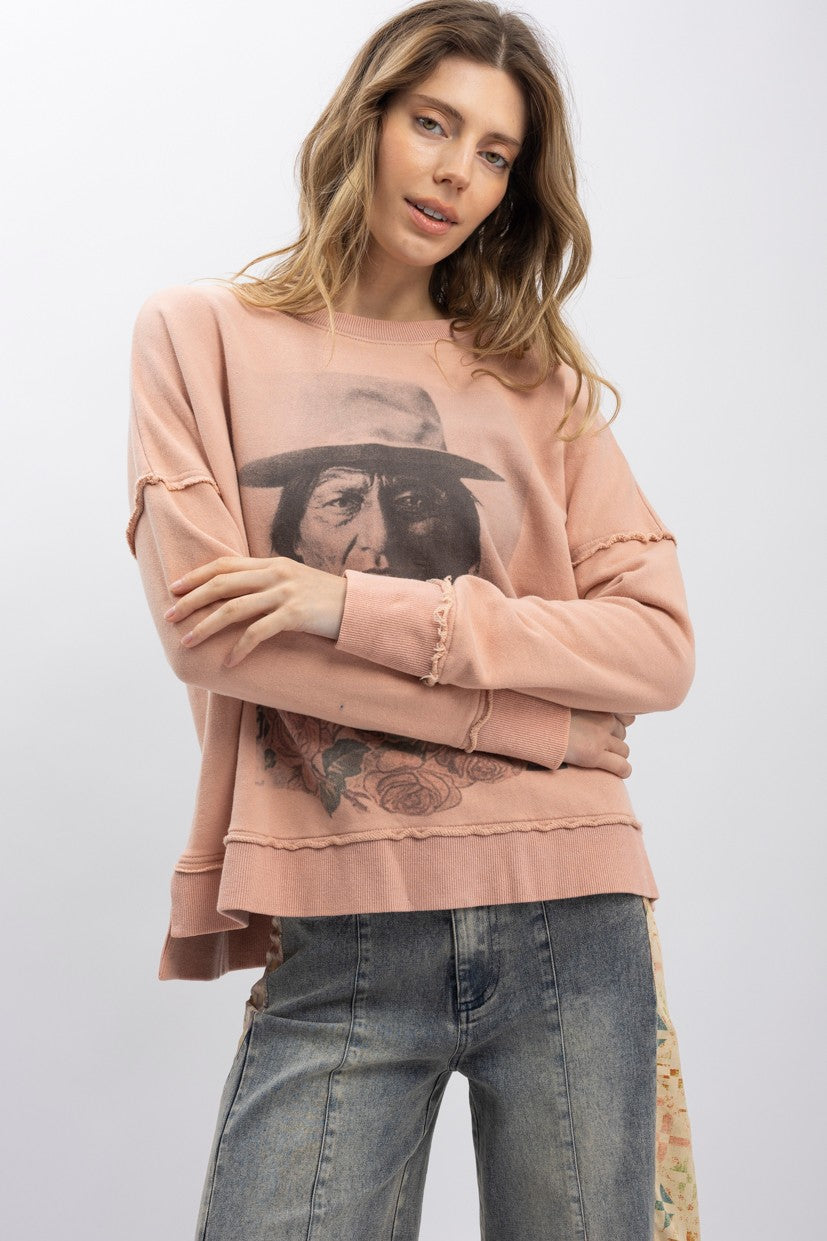BlueVelvet Sitting Bull Print Pullover | Mineral Wash | Katze Boutique