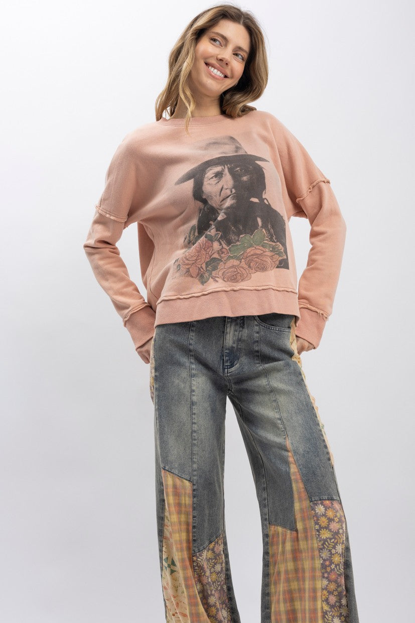BlueVelvet Sitting Bull Print Pullover | Mineral Wash | Katze Boutique