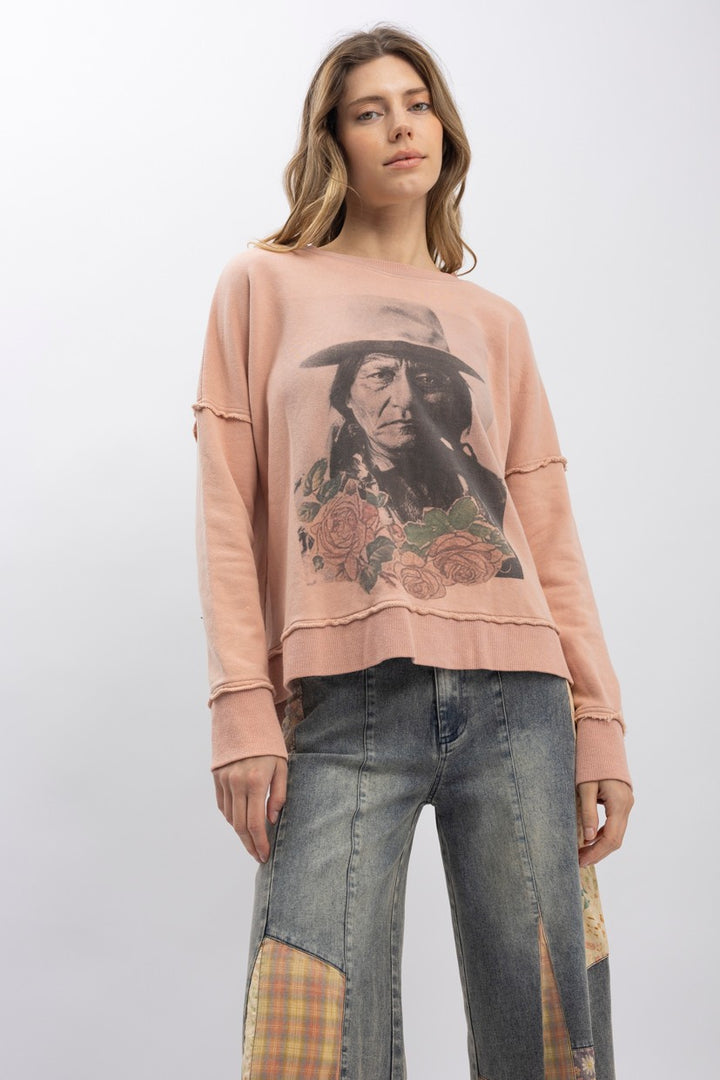 BlueVelvet Sitting Bull Print Pullover | Mineral Wash | Katze Boutique