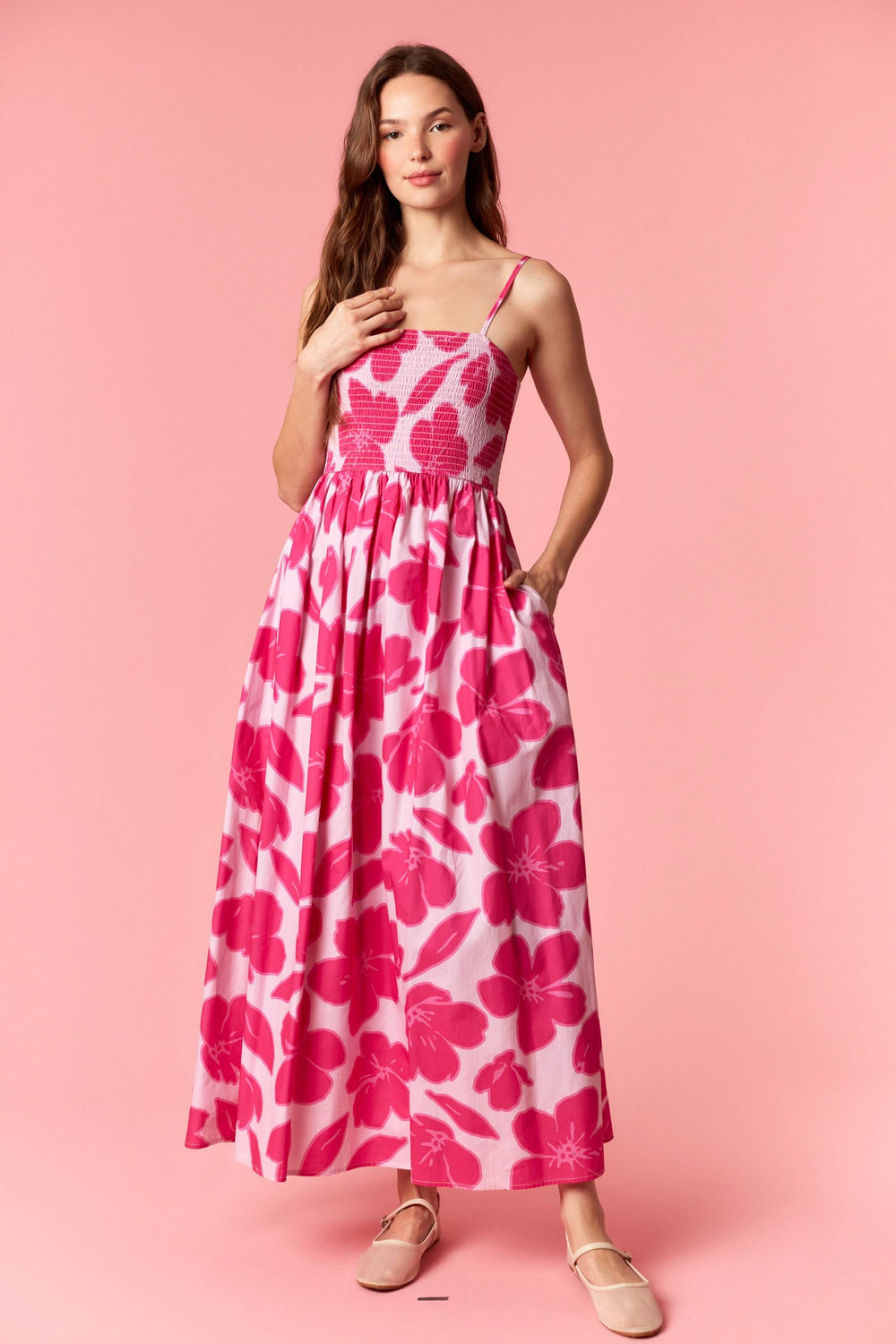 Peach Love Smocked Bodice Midi Dress-Katze Boutique