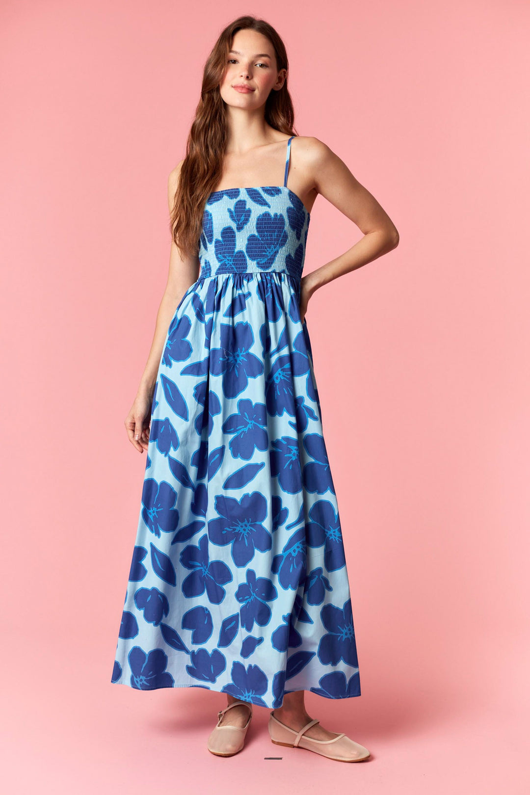 Smocked Bodice Midi Dress – Floral Cotton
