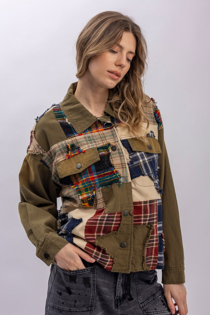 Star Patch Plaid Color Block Button Down Jacket-Katze Boutique