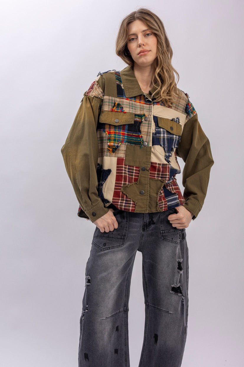 Star Patch Plaid Color Block Button Down Jacket-Katze Boutique