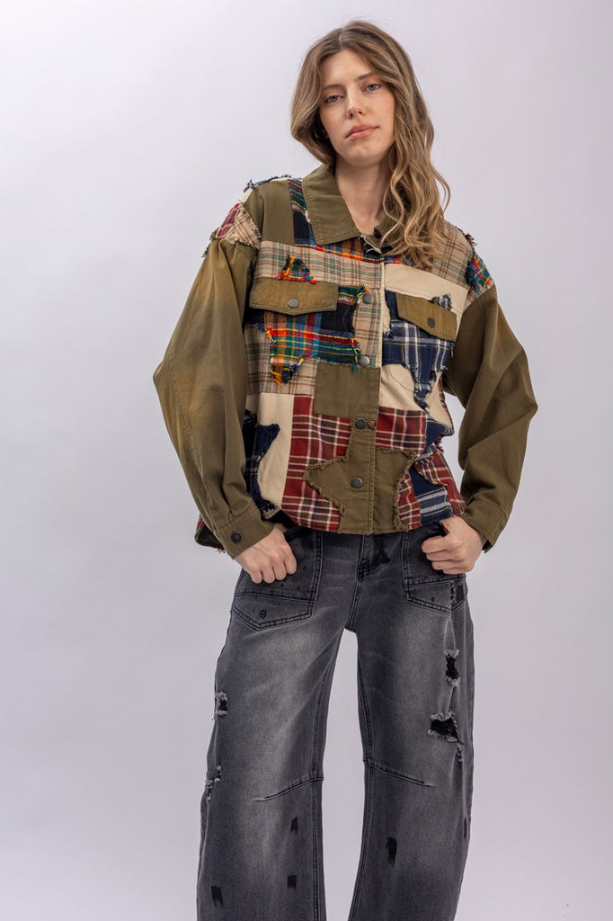 Star Patch Plaid Color Block Jacket | Katze Boutique