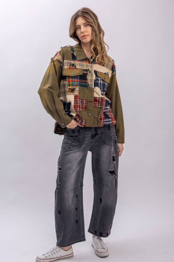 Star Patch Plaid Color Block Button Down Jacket-Katze Boutique