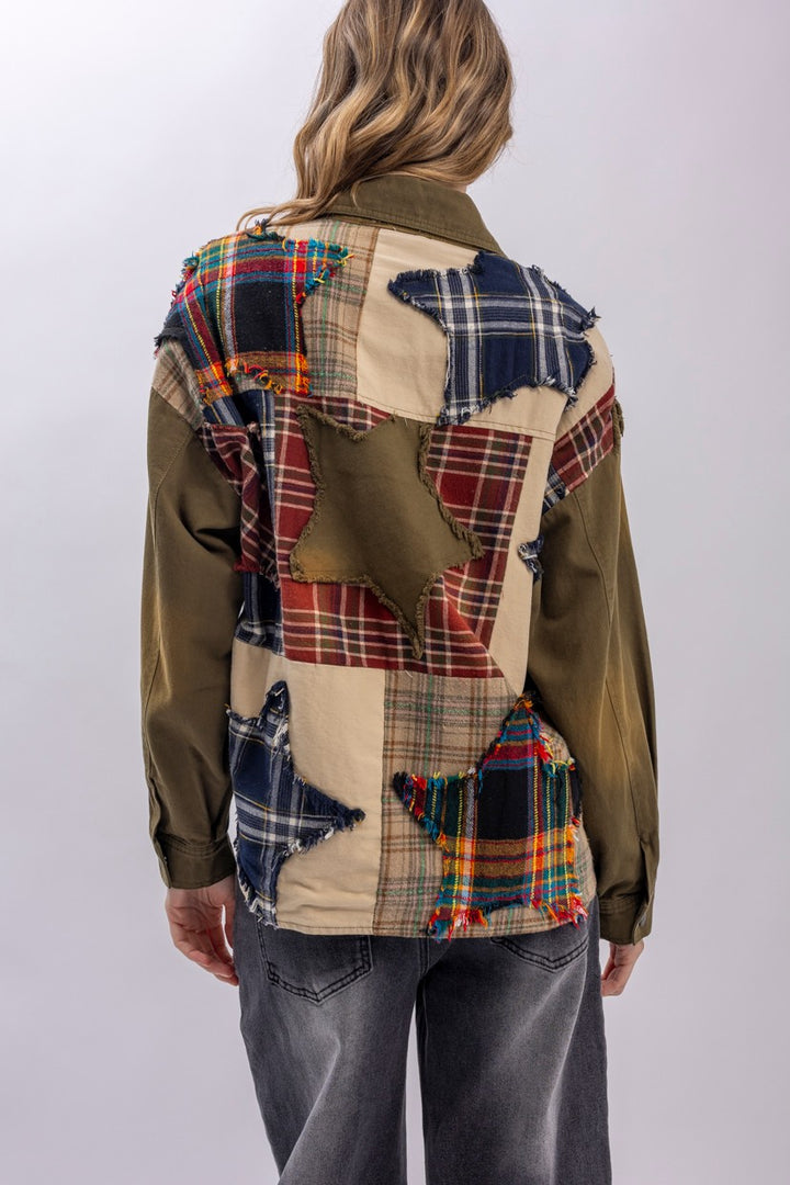 Star Patch Plaid Color Block Button Down Jacket-Katze Boutique