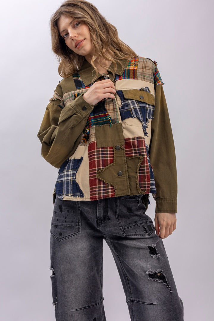Star Patch Plaid Color Block Button Down Jacket-Katze Boutique