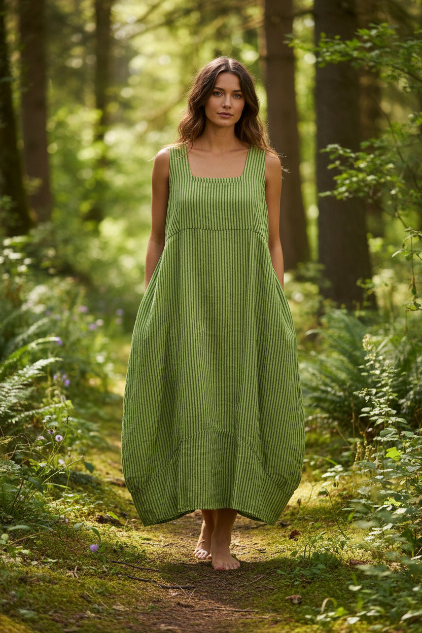 Italian Linen Striped Dress-Made in Italy Summer Dress-Katze Boutique One Size / Olive