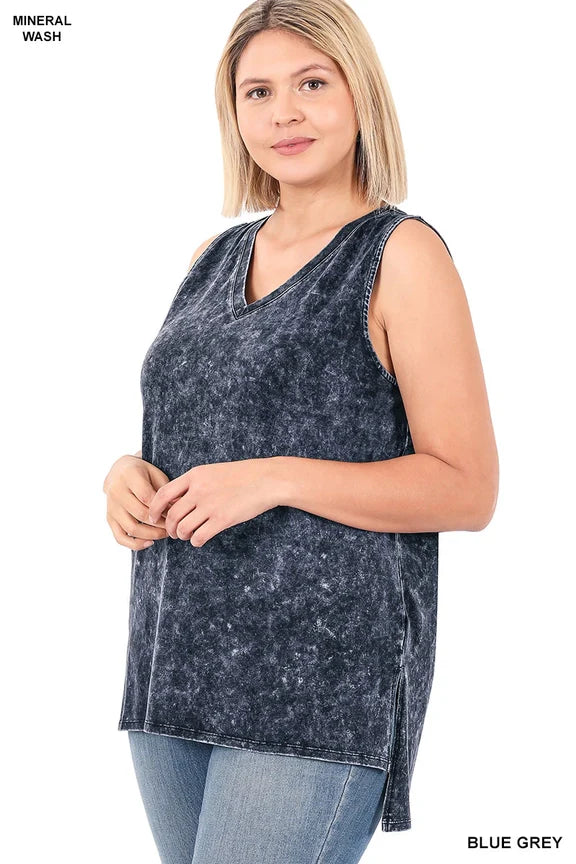 Mineral Wash Cotton Tank Plus Size-Katze Boutique