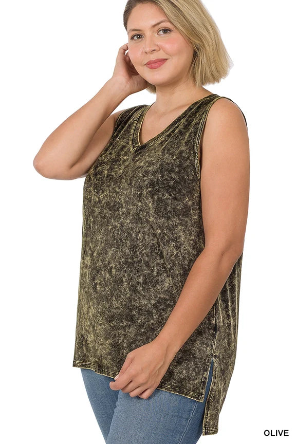 Mineral Wash Cotton Tank Plus Size-Katze Boutique