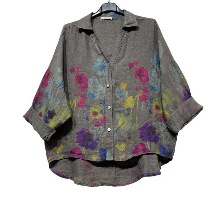 Hi-Low Floral Linen Blouse
