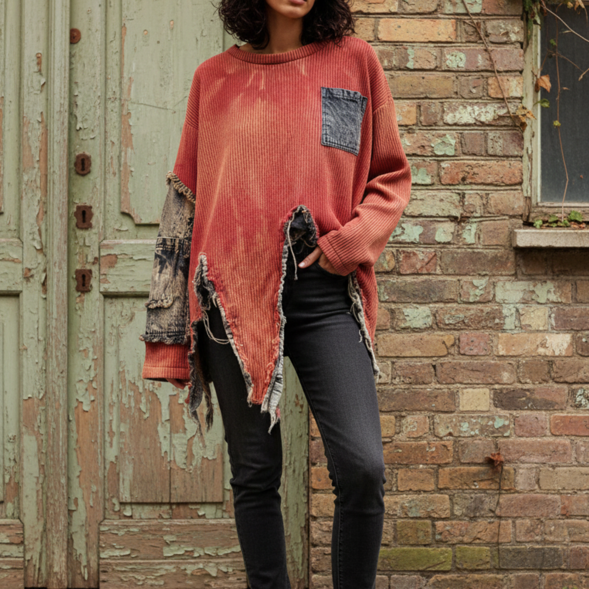 Tie-Dye Patchwork Sweater with Distressed Hem-Katze Boutique