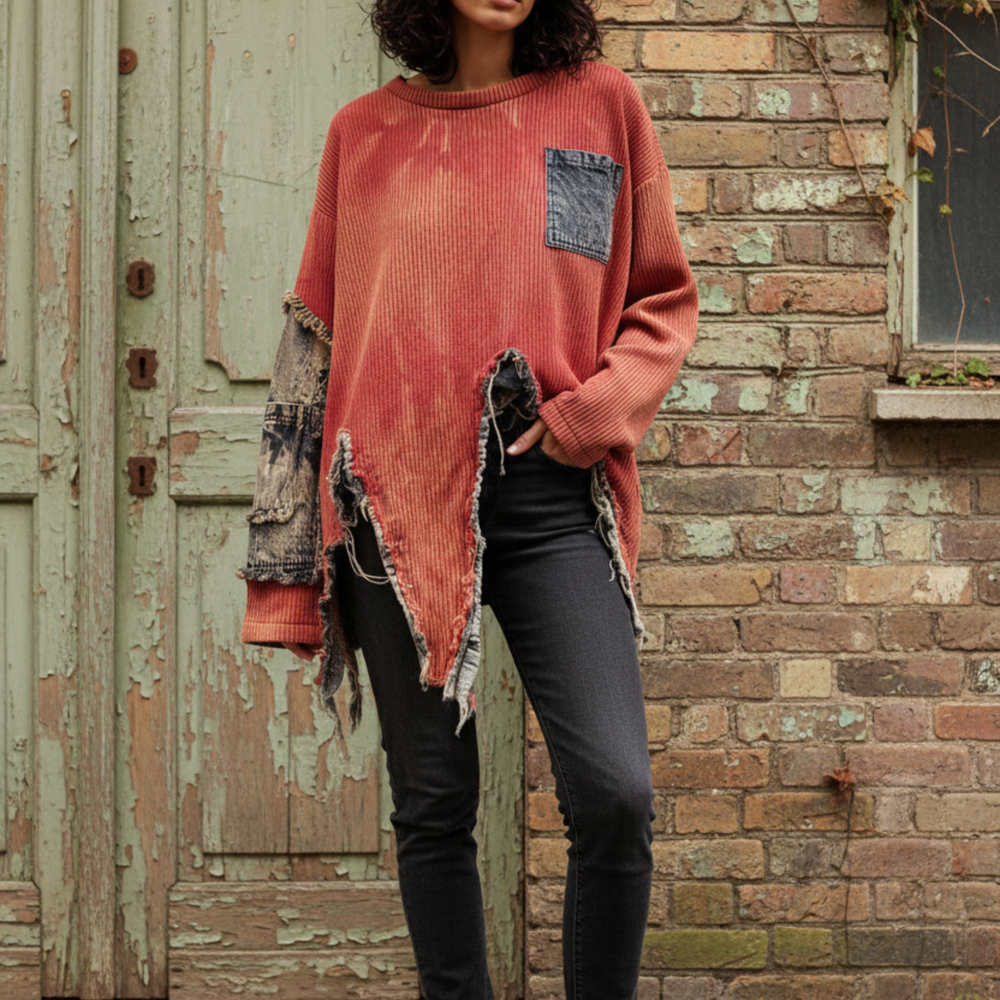 Tie-Dye Patchwork Sweater with Distressed Hem-Katze Boutique