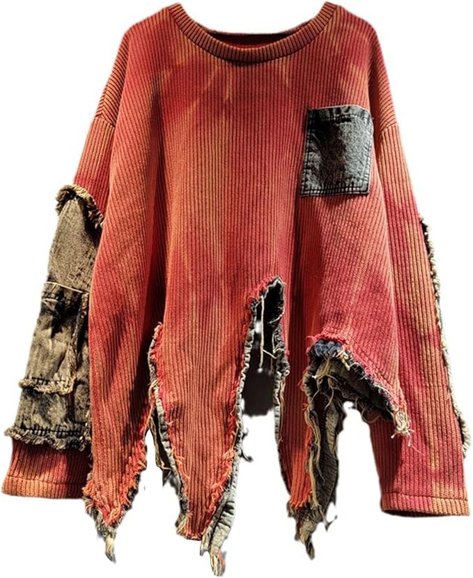 Tie-Dye Patchwork Sweater with Distressed Hem-Katze Boutique