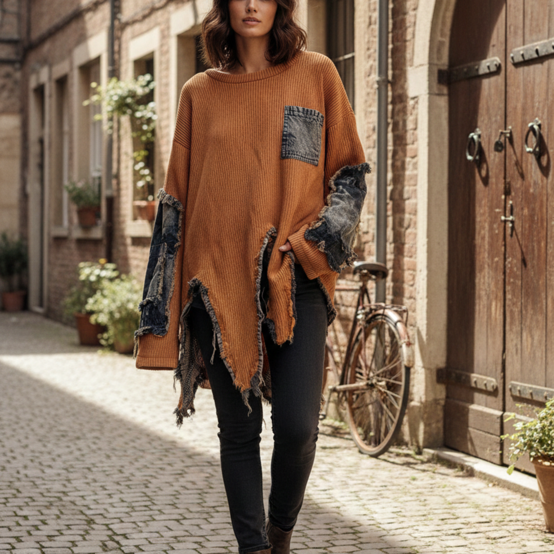 Tie-Dye Patchwork Sweater with Distressed Hem-Katze Boutique