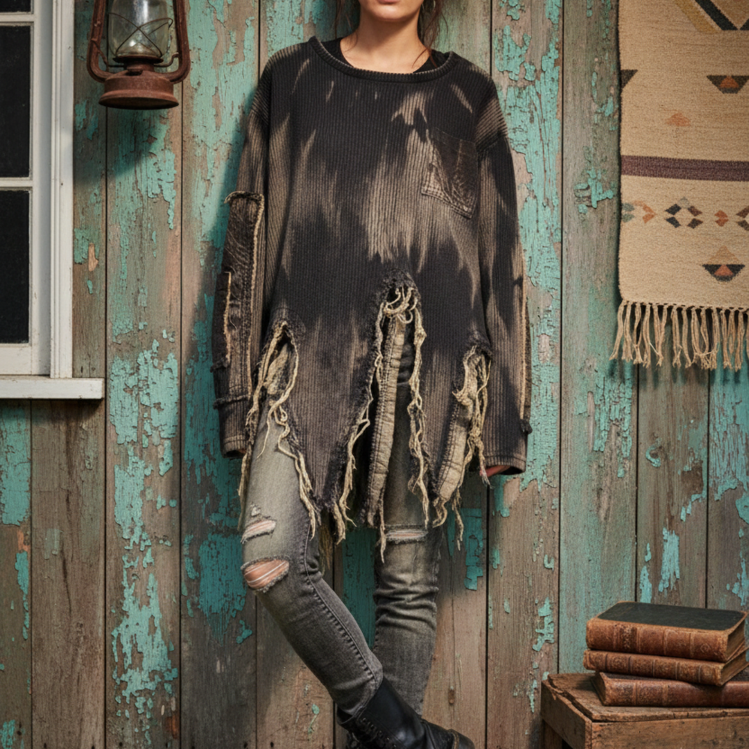 Tie-Dye Patchwork Sweater with Distressed Hem-Katze Boutique