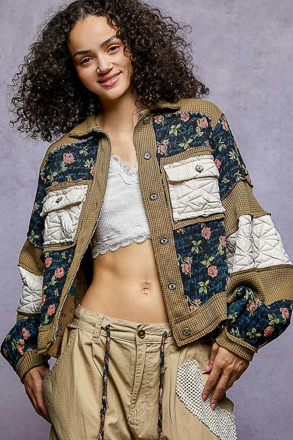 POL Vintage Washed Jacquard Color Block Jacket-Katze Boutique