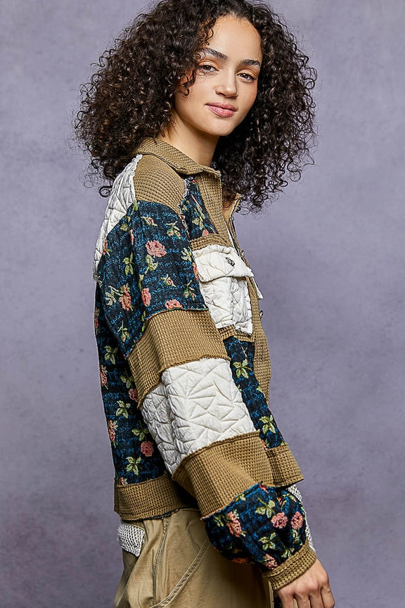 POL Vintage Washed Jacquard Color Block Jacket-Katze Boutique