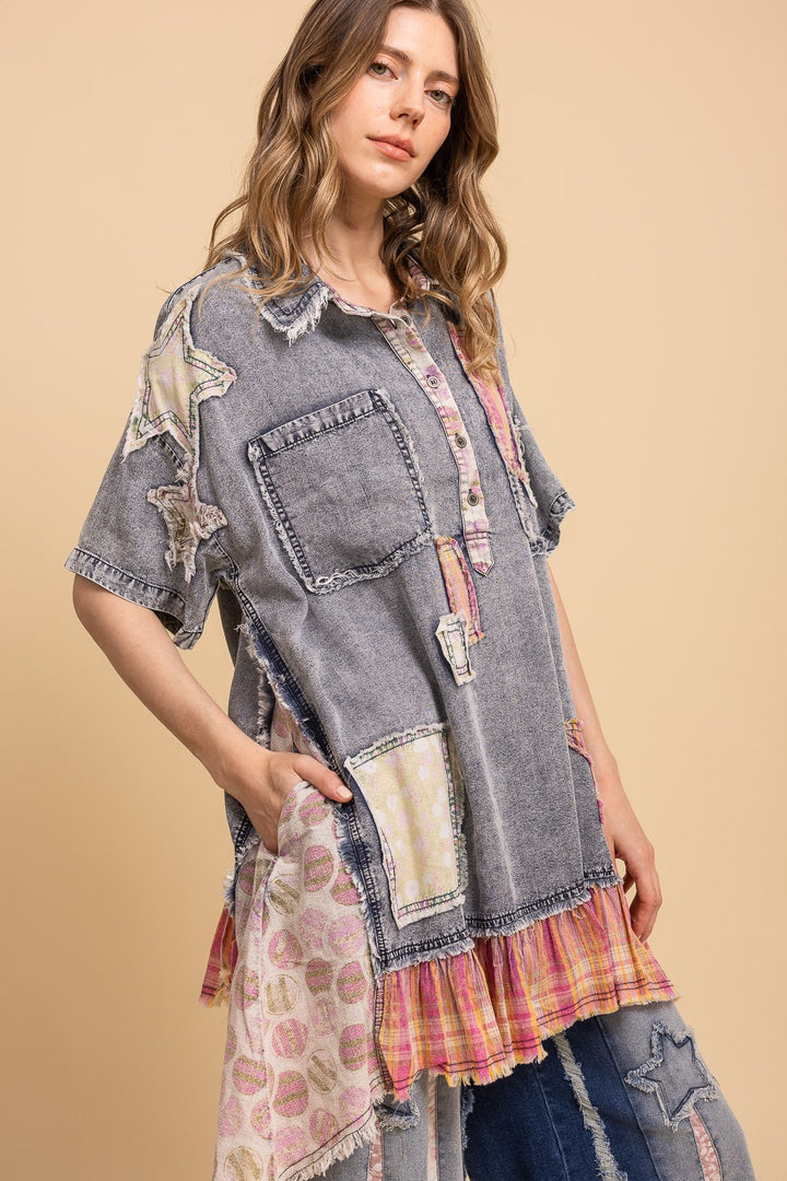 BlueVelvet Patchwork Short Sleeve Chambray Tunic-Katze Boutique