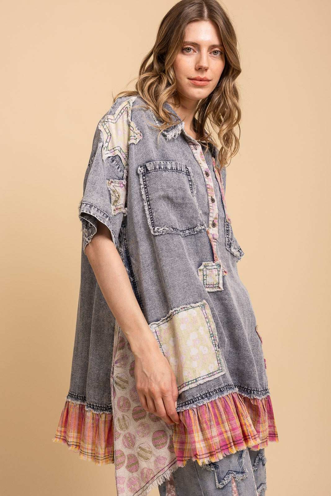 BlueVelvet Patchwork Short Sleeve Chambray Tunic-Katze Boutique